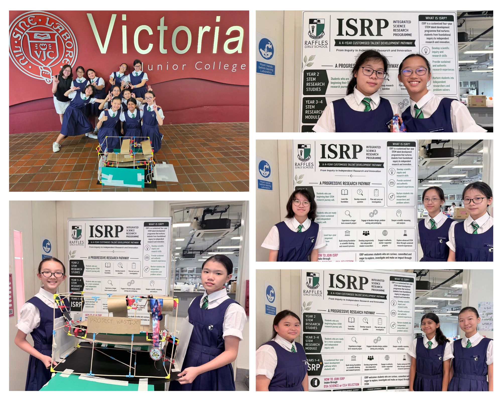 A photo collage of female students posing in front of ISRP infographic boards and showcasing their diagram models and posing for a group picture at Victoria Junior College.
